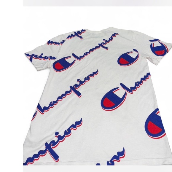 Champion All Over Logo Script Print T Shirt White Blue Red Small - Picture 5 of 7